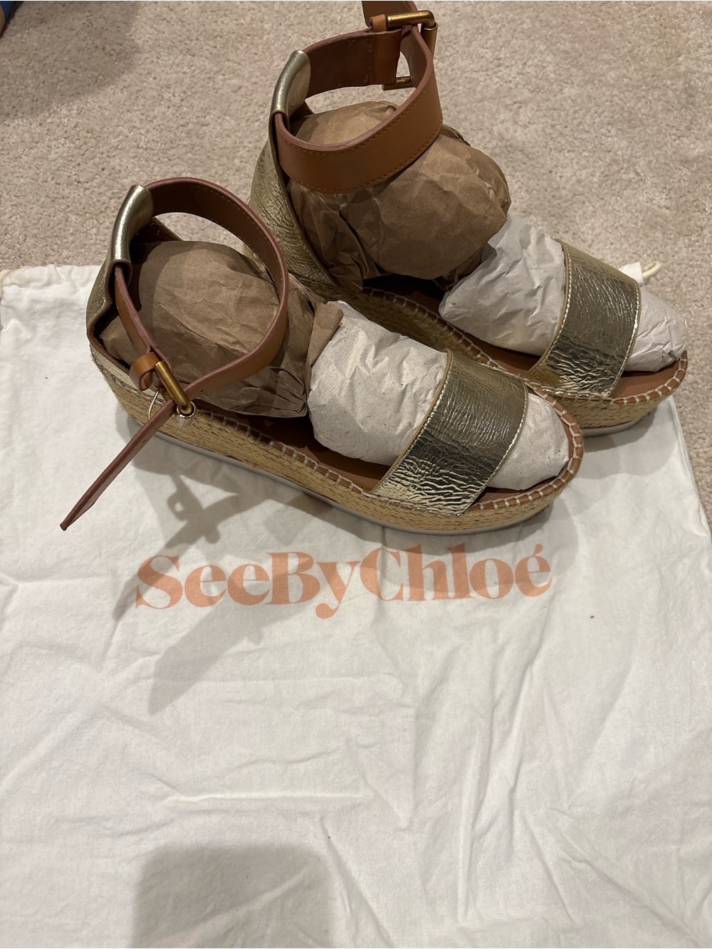 See By Chloe Metallic Gold and Tan Espadrille Wedge Sandals